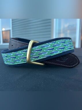 Vineyard Vines Green Whale Pattern Leather-Trim Belt Size 34